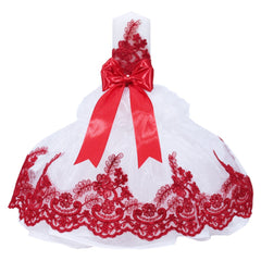 Lumanare tip fusta pentru botez din tulle alb stralucitor si dantela rosie, 45x7 cm, REC1450