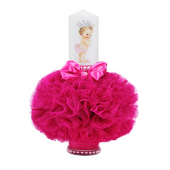 Lumanare tip glob cu bebe printesa pentru botez, tulle ciclam si fundita, 35x7 cm, REC1460