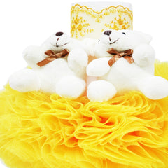 Lumanare tip glob cu doi ursuleti pentru botez, tulle galben si dantela, 20x7 cm, REC1454