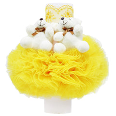 Lumanare tip glob cu doi ursuleti pentru botez, tulle galben si dantela, 20x7 cm, REC1454