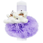 Lumanare tip glob cu doi ursuleti pentru botez, tulle lila si dantela, 20x7 cm, REC1453