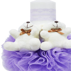 Lumanare tip glob cu doi ursuleti pentru botez, tulle lila si dantela, 20x7 cm, REC1453