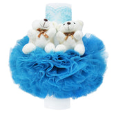 Lumanare tip glob cu doi ursuleti pentru botez, tulle turcoaz si dantela, 20x7 cm, REC1495