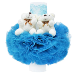 Lumanare tip glob cu doi ursuleti pentru botez, tulle turcoaz si dantela, 20x7 cm, REC1495