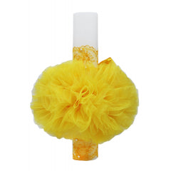 Lumanare tip glob cu mesajul "Radacini si aripi de la parinti, Dragoste si sustinere de la nasi" tulle galben si fundita, 35x7 cm, REC1461