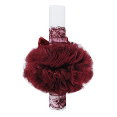 Lumanare tip glob cu mesajul "Radacini si aripi de la parinti, Dragoste si sustinere de la nasi" tulle visiniu si fundita, 35x7 cm, REC1465