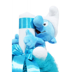 Lumanare tip glob cu Strumf pentru botez, tulle turcoaz si fundita, 40x7 cm, REC1455