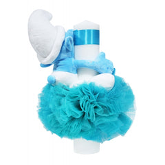 Lumanare tip glob cu Strumf pentru botez, tulle turcoaz si fundita, 40x7 cm, REC1455