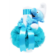 Lumanare tip glob cu Strumf pentru botez, tulle turcoaz si fundita, 40x7 cm, REC1455