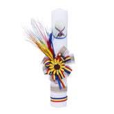 Lumanare traditionala pentru botez, cu imprimeu clop traditional, spice de grau colorate si panglica tricolor, 35x5 cm, REC176