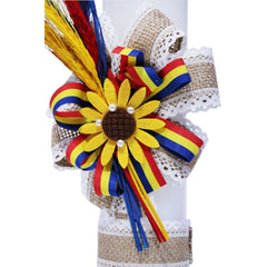 Lumanare traditionala pentru botez, cu imprimeu clop traditional, spice de grau colorate si panglica tricolor, 35x5 cm, REC176