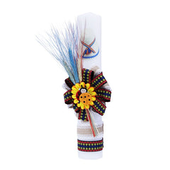 Lumanare traditionala pentru botez, cu imprimeu clop traditional, spice de grau colorate si panglici cu motive traditionale, 35x5 cm, REC175