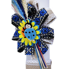 Lumanare traditionala pentru botez, cu imprimeu clop traditional, spice de grau colorate si panglici cu motive traditionale, 35x5 cm, REC175