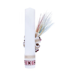Lumanare traditionala pentru botez, cu imprimeu tarancuta, spice de grau colorate si panglica cu motive traditionale, 35x5 cm, REC169