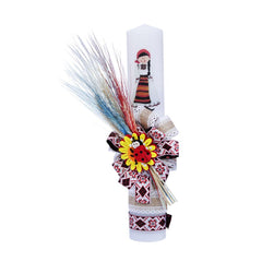 Lumanare traditionala pentru botez, cu imprimeu tarancuta, spice de grau colorate si panglica cu motive traditionale, 35x5 cm, REC169