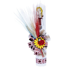 Lumanare traditionala pentru botez, cu imprimeu tarancuta, spice de grau colorate si panglica cu motive traditionale, 35x5 cm, REC169