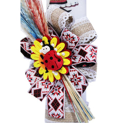 Lumanare traditionala pentru botez, cu imprimeu tarancuta, spice de grau colorate si panglica cu motive traditionale, 35x5 cm, REC169