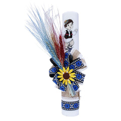 Lumanare traditionala pentru botez, cu imprimeu taranus, spice de grau colorate si panglica cu motive traditionale, 35x5 cm, REC172