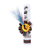 Lumanare traditionala pentru botez, cu imprimeu taranus, spice de grau colorate si panglica cu motive traditionale, 35x5 cm, REC172