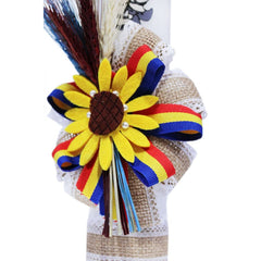 Lumanare traditionala pentru botez, cu imprimeu taranus, spice de grau colorate si panglica tricolor, 35x5 cm, REC173