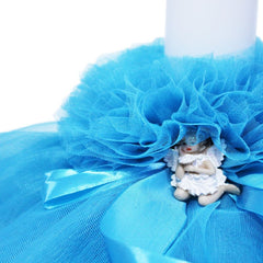 Lumanare turcoaz pentru botez, cu ingeras, volane din tulle turcoaz si funda, 30x5 cm, REC145