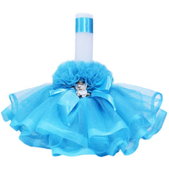 Lumanare turcoaz pentru botez, cu ingeras, volane din tulle turcoaz si funda, 30x5 cm, REC145