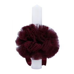 Lumanare visinie cu mesaj �Cu mult drag de la nasi� pentru botez, cu tulle visiniu si funda, 30x5 cm, REC121