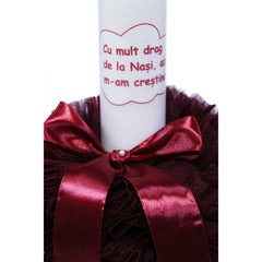 Lumanare visinie cu mesaj �Cu mult drag de la nasi� pentru botez, cu tulle visiniu si funda, 30x5 cm, REC121