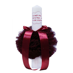 Lumanare visinie cu mesaj �Cu mult drag de la nasi� pentru botez, cu tulle visiniu si funda, 30x5 cm, REC121