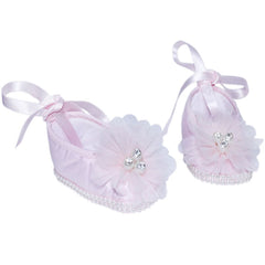 Pantofiori roz cu floricica si bareta pentru botez, REC852