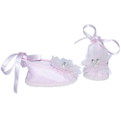 Pantofiori roz cu floricica si bareta pentru botez, REC852