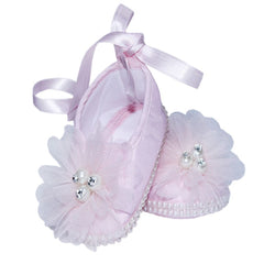 Pantofiori roz cu floricica si bareta pentru botez, REC852