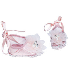 Pantofiori somon deschis cu floricica si perlute pentru botez, REC853