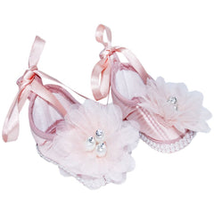 Pantofiori somon deschis cu floricica si perlute pentru botez, REC853