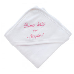 Prosop alb-rosu "Prima baita cu nasii" cu capison pentru bebelusi, 75x75 cm, REC2451