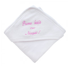 Prosop alb-roz "Prima baita cu nasii" cu capison pentru bebelusi, 75x75 cm, REC2452
