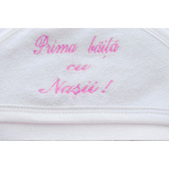 Prosop alb-roz "Prima baita cu nasii" cu capison pentru bebelusi, 75x75 cm, REC2452