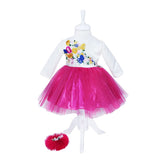 Rochie alb-ciclam din satin si tulle pentru botez, 2 piese, rochita si bentita, REC1171