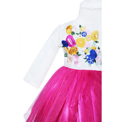 Rochie alb-ciclam din satin si tulle pentru botez, 2 piese, rochita si bentita, REC1171