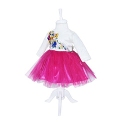 Rochie alb-ciclam din satin si tulle pentru botez, 2 piese, rochita si bentita, REC1171