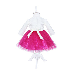 Rochie alb-ciclam din satin si tulle pentru botez, 2 piese, rochita si bentita, REC1171