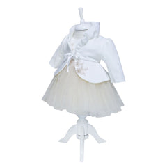 Rochie alb-crem pentru botez, 4 piese, rochie, bolero, turban, pantaloni pentru fetite, REC1164