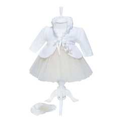 Rochie alb-crem pentru botez, 4 piese, rochie, bolero, turban, pantaloni pentru fetite, REC1164