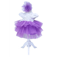 Rochie alb-mov cu broderie pentru botez, 2 piese, rochie, bentita pentru fetite, REC1389