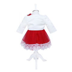 Rochie alb-rosie cu volane din tulle si aplicatii din dantela pentru botez, 3 piese, rochie, bolero, bentita, REC342