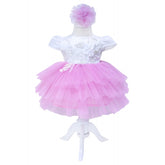 Rochie alb-roz cu broderie pentru botez, 2 piese, rochie, bentita pentru fetite, REC1388