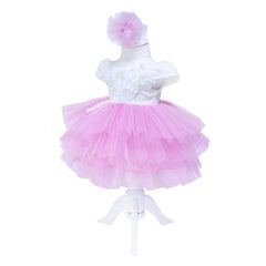 Rochie alb-roz cu broderie pentru botez, 2 piese, rochie, bentita pentru fetite, REC1388