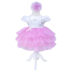 Rochie alb-roz cu broderie pentru botez, 2 piese, rochie, bentita pentru fetite, REC1388