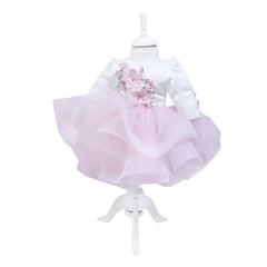 Rochie alb-roz cu volanase si aplicatii florale pentru botez, 2 piese, rochie, bentita, REC843