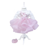 Rochie alb-roz cu volanase si aplicatii florale pentru botez, 2 piese, rochie, bentita, REC843